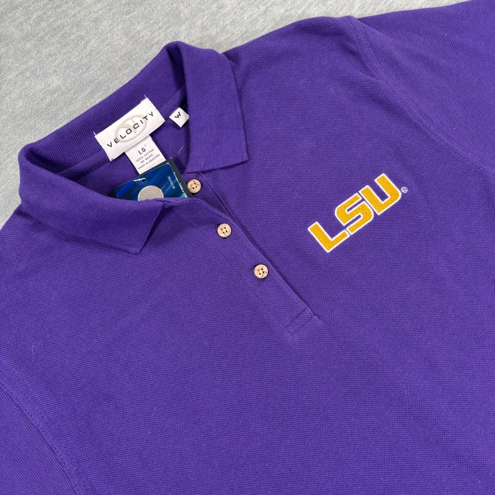Velocity LSU Tigers Womens Purple Cotton Pique Polo Shirt LG NWT Style 2501